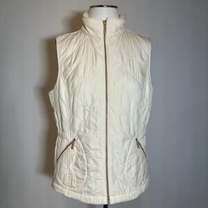 Talbots Ivory Diamond Quilted Vest Fleece Lined Gold Zip Up Womens Size Medium M